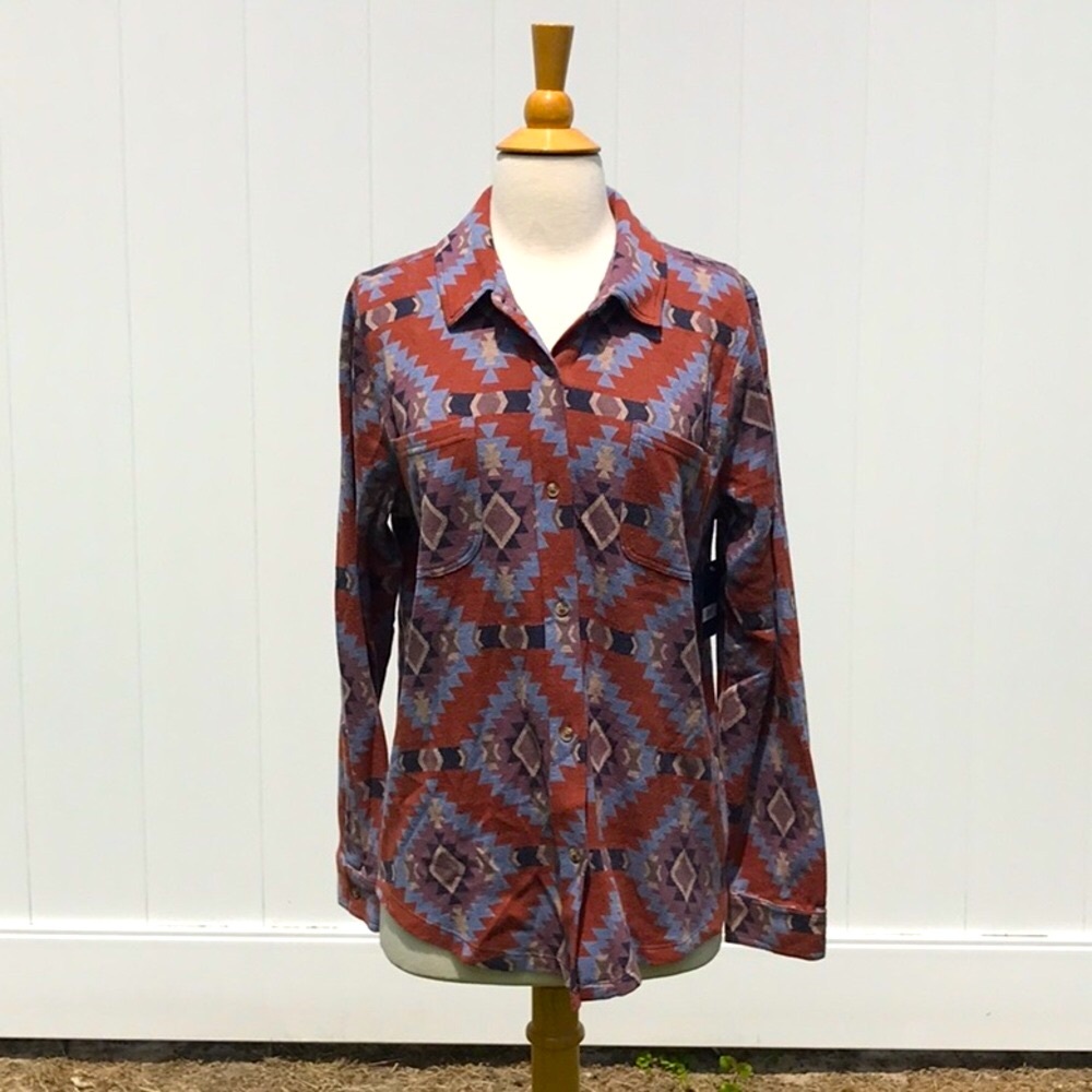 NWT Lucky Brand Blue and Orange Button Down Aztec Print Shirt Size Medium